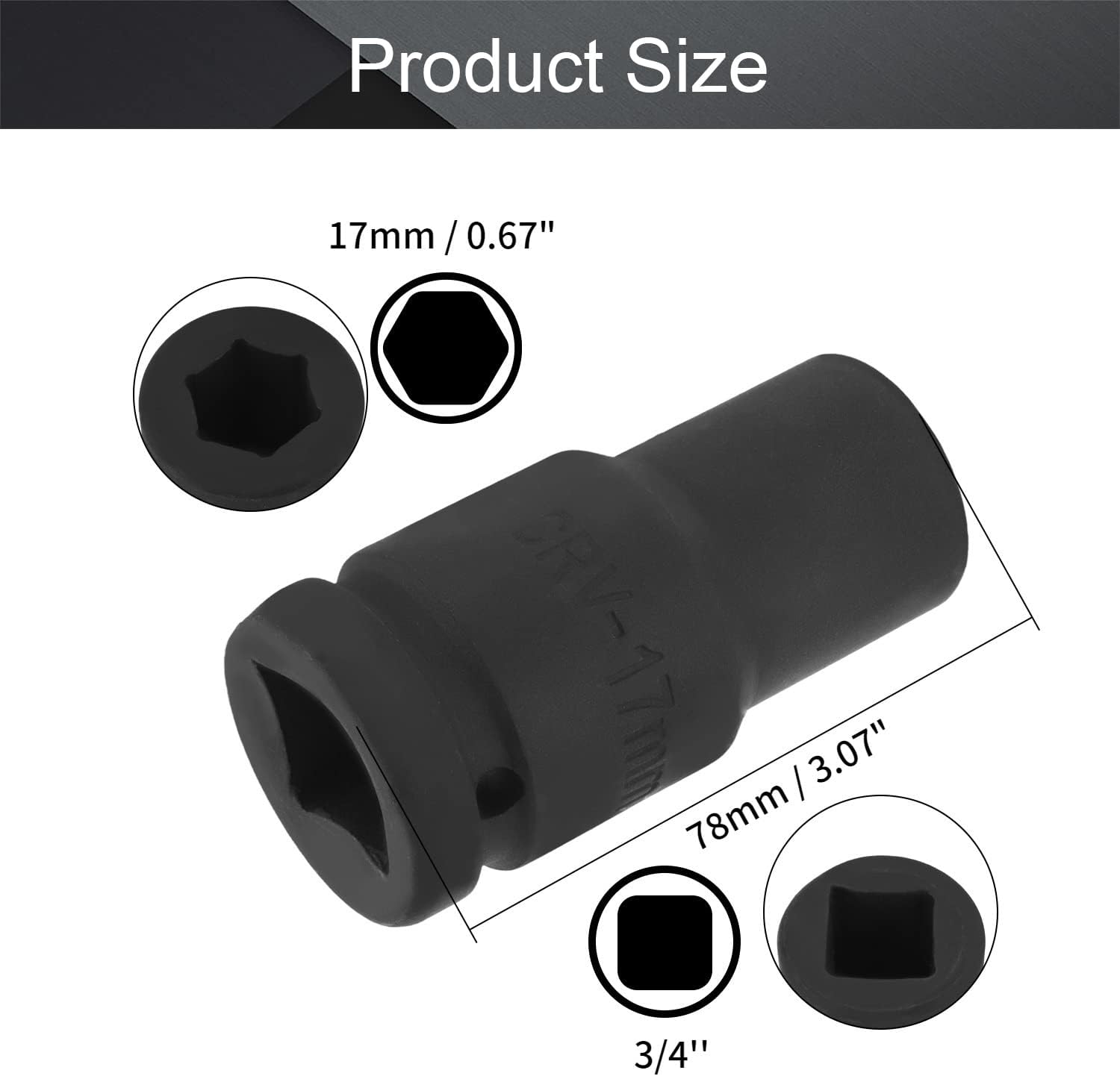 Utoolmart 3/4-Inch Drive 6-Point by 17mm Deep Impact Socket,Metric,Chrome-Vanadium 78mm Length 1Pcs