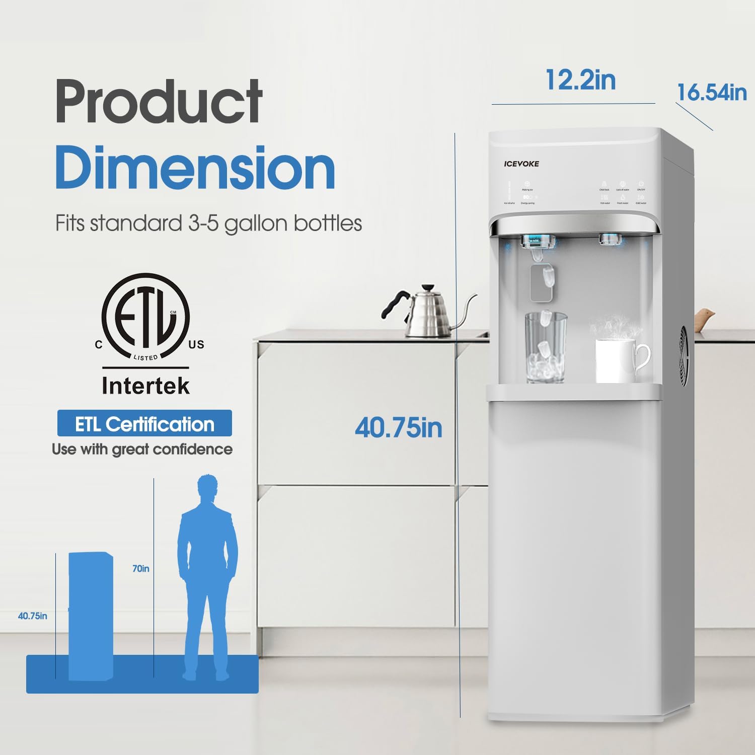 Self-Cleaning Water Dispenser with Ice Maker, Bottom Loading Hot & Cold Water Cooler for 5 Gallon Bottle - 22lbs/Day Ice Making - Child Safety Lock & Nightlight -Water Machine for Home, Office
