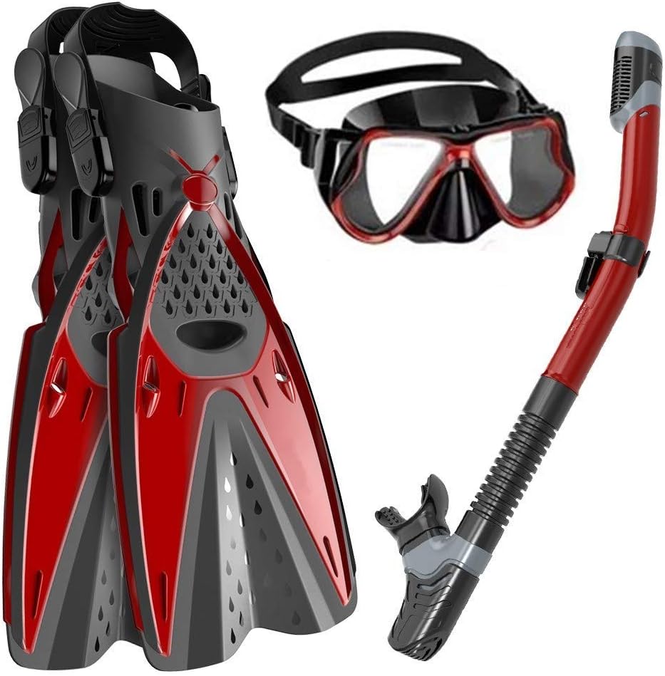 Snorkel Set, Mask Fins Snorkeling Gear Adults, Snorkel Goggles Panoramic View AntiFog AntiLeak