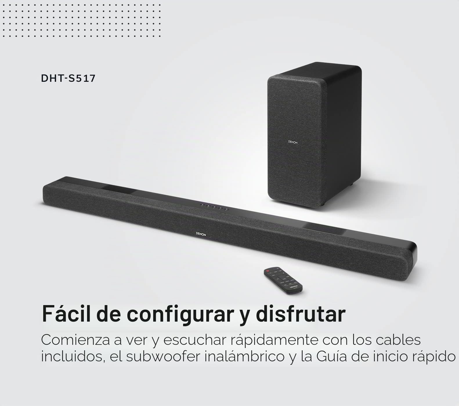 Denon DHT-S517 Barra de sonido con subwoofer, Bluetooth, Dolby Digital, Dolby Atmos, barra de sonido para TV, potenciador de diálogo, HDMI ARC, transmisión de música, incluye cable HDMI