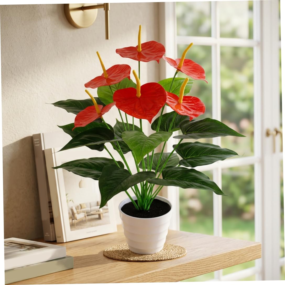 Latemeia Lifelike Anthurium Artificial Flowers, 6 Red Blooms in White Pot, Realistic Artificial Plants Indoor Decor, 19.7 Inch Tall, Décoration de jardin
