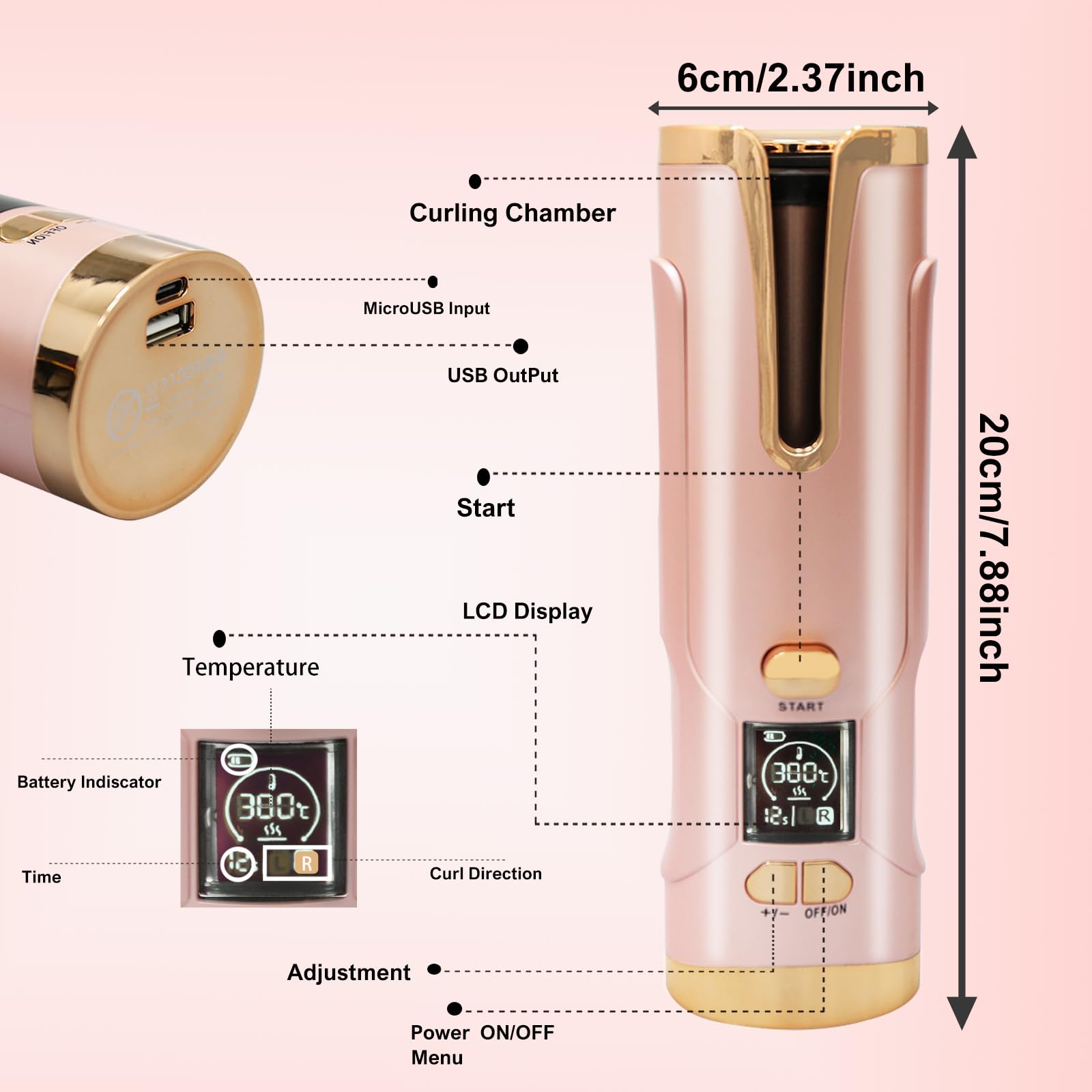 Boucleur a Cheveux Automatique Fer à boucler Sans Fil Type‑C Rechargeable 20mm pour femme(cheveux courts/longs), batterie haute capacité 5200 mAh, 6 niveaux de température (150‑200 °C)