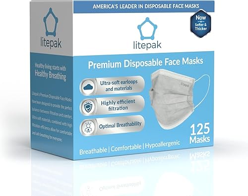 Miniatura 7 de Litepak Paquete de 125 Mascarillas Faciales Desechables de Comodidad Premium con Cintas Elásticas para las Orejas con Caja Dispensadora (Gris)