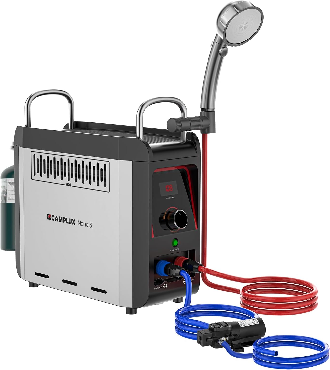 CAMPLUX Nano 3 Portable Propane Water Heater with Pump Kit, Compact & Lightweight Design, Quick Connect Pump Cables & Extension Hoses, Outdoor Camping Shower for Off-Grid Cabin, Hiking, RV