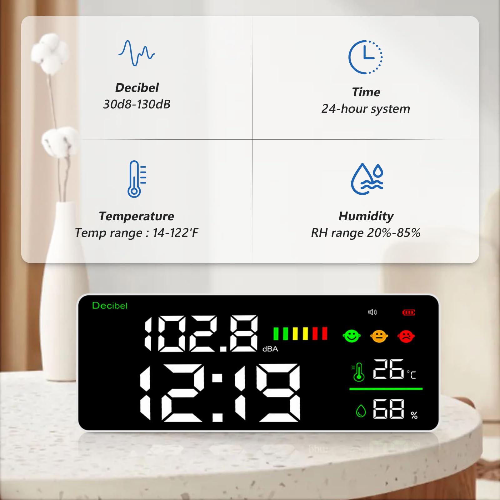 Fonometro digitale Misuratore di decibel digitale 4 in 1 rumore del livello sonoro sospeso a parete Gamma 30-130 dB Ampio display a LED da 11 pollici multifunzione Tester del livello di rumore decibel