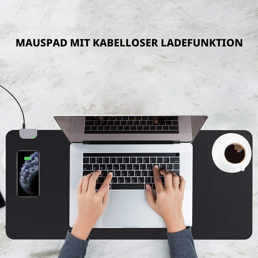 KINGFOM kabelloses Laden Mauspad XXL Große Mousepad, PU Leder Schreibtischunterlage Schreibunterlage 900 x 420mm, Schwarz