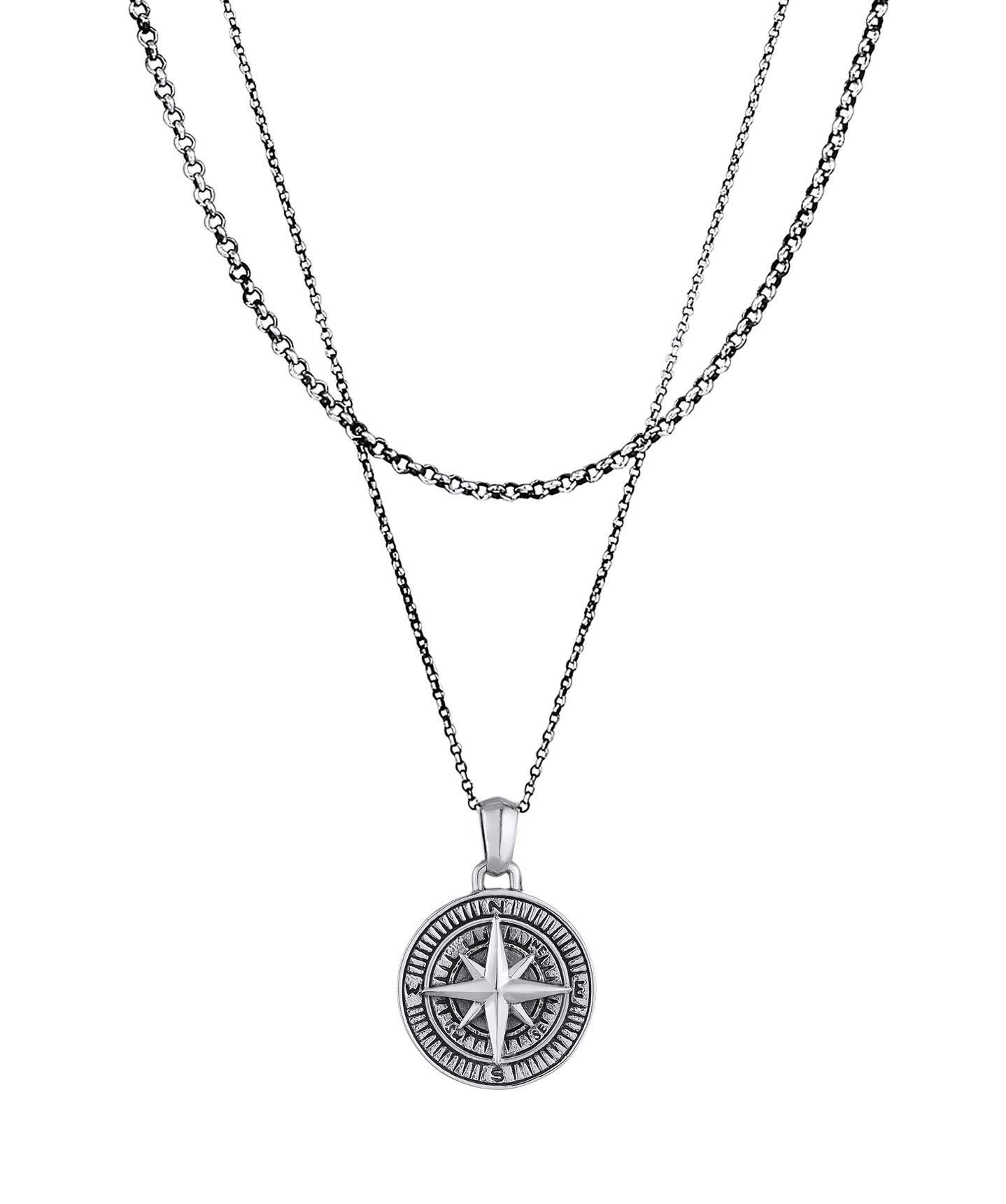 KuzzoiMen's Silver Necklace Layer Look with Compass Pendant (25 mm), Necklace for Men in Oxidised 925 Sterling Silver, Layer Chain Maritime, Men's Necklace with Pendant Handmade