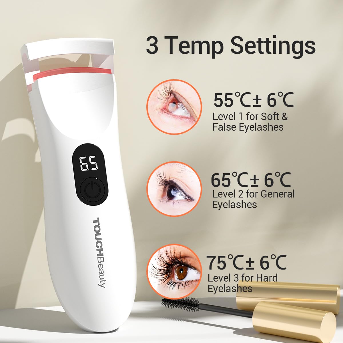 TOUCHBeauty Rizador de pestañas climatizado con indicador LED, rizador de pestañas eléctrico con 3 ajustes de temperatura, oscilación natural con silicona térmica, calentamiento rápido de 10 segundos