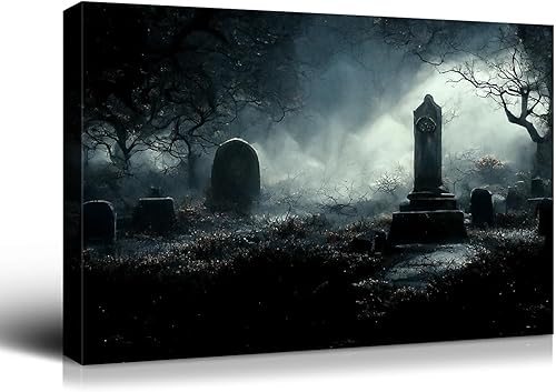 Miniatura 21 de Denozer Lienzo decorativo para pared de Halloween, castillo de terror de 32 x 24 pulgadas, decoración de pared de luna, decoración de otoño de Obra