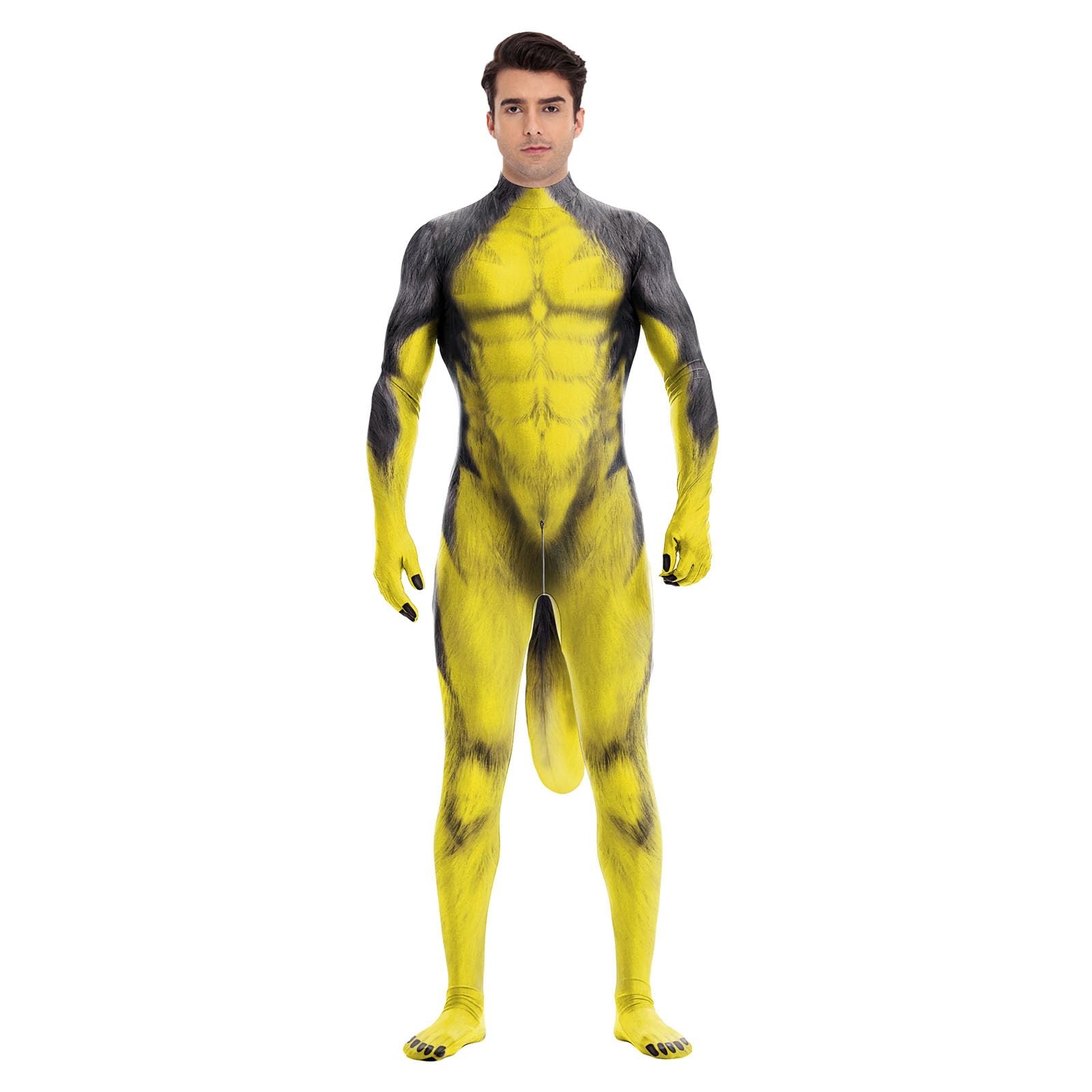 Animal Full Bodysuit for Men Muscle Spandex Jumpsuit Furry Costume with Big Tail for Adult Cosplay Halloween Party