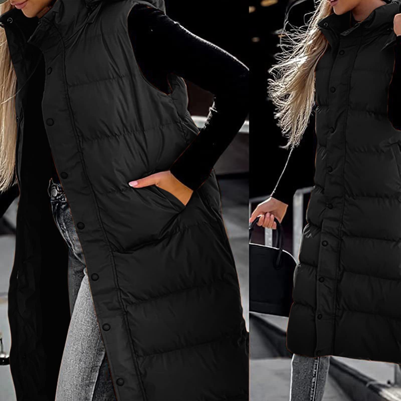 Cappotto Invernale Senza Maniche da Donna Gilet Lungo con Cappuccio Imbottito in Piumino Caldo e Trapuntato con Tasche Giacca da Esterno Elegante Monopetto in Rosso Perfetta per Stile Casual e Comfort