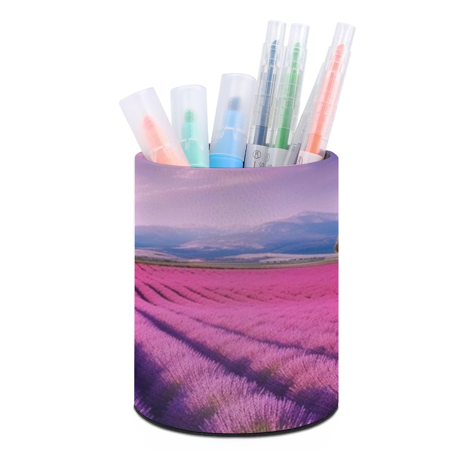 JTREHY Round Pen Holder,Lavender Fields Printed Makeup Brush Storage Box Desktop Stationery Storage Cup Office Accessories Storage Box Pencil Storage Box for Home Office Dressing Table