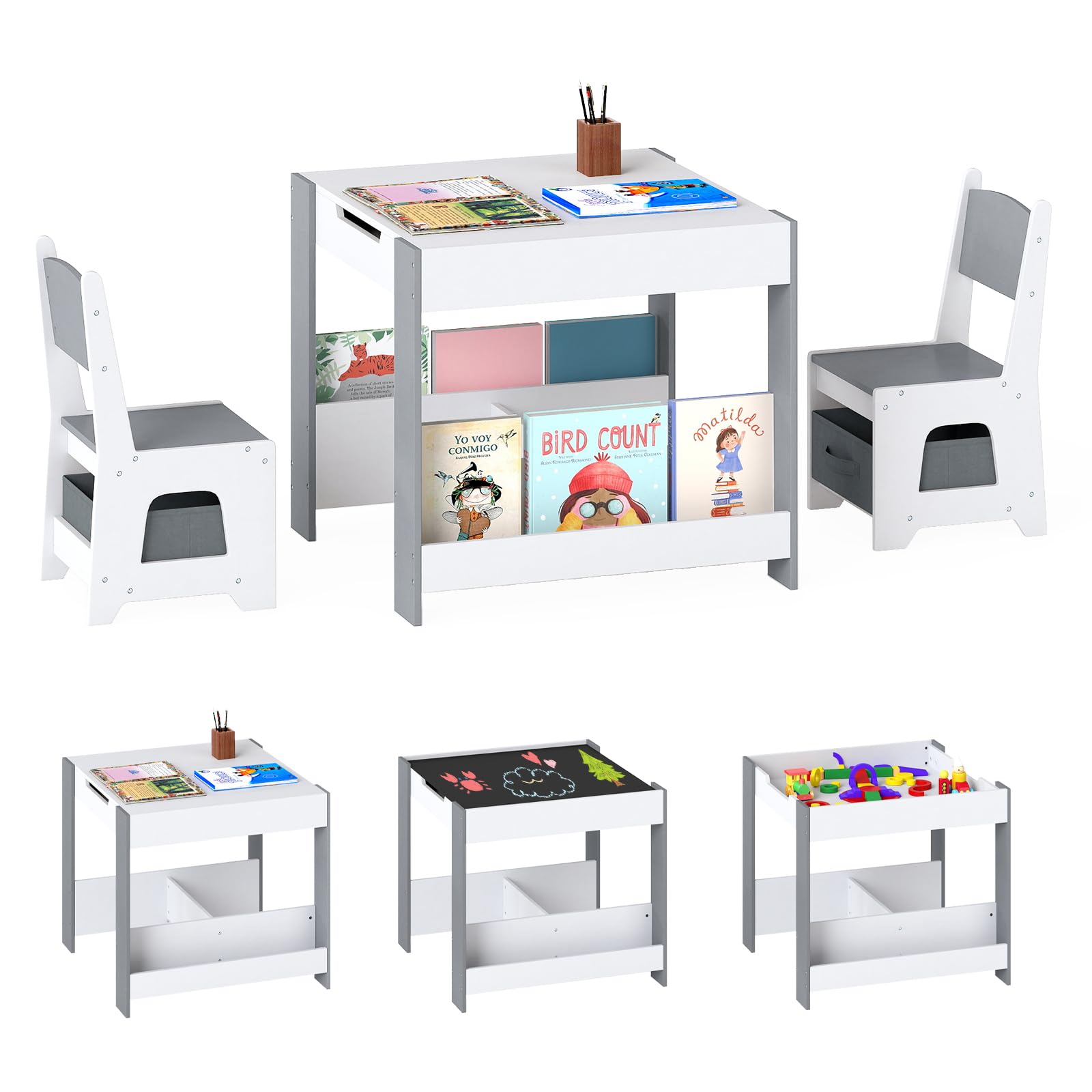 COSTWAY Kids Table and Chairs Set, Wooden Toddler Activity Tables with Reversible Tabletop, Bookshelves, Storage Bins, 3-Piece Children Furniture for Boys Girls (White+Grey, 61x61x56cm) — image 1
