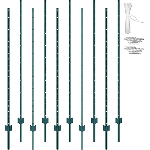 VEVOR 6 Feet Fence Post, 10 Pack U-Channel Heavy Duty Metal Fence Posts with 40 Zip Ties & 20 Clips, Sturdy Steel Fence Stakes for Garden Yard, Lawn, Farms and Outdoor Wire Fencing, Green