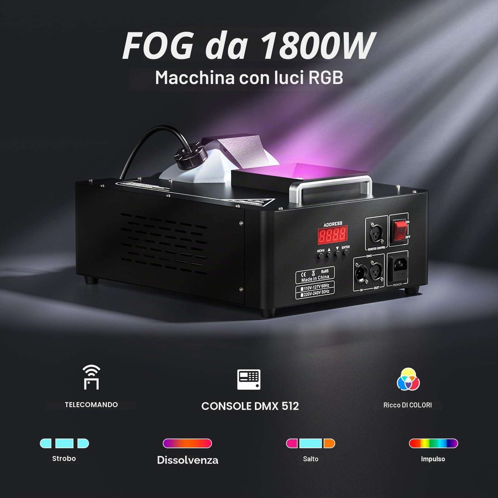 24 LED Macchina del Fumo Portatile, 1800W Macchine Fumo Discoteca Luci LED RGBW e Telecomando Wireless, Fog Machine per DJ Feste Nozze Halloween Natale e Effetti su Palco