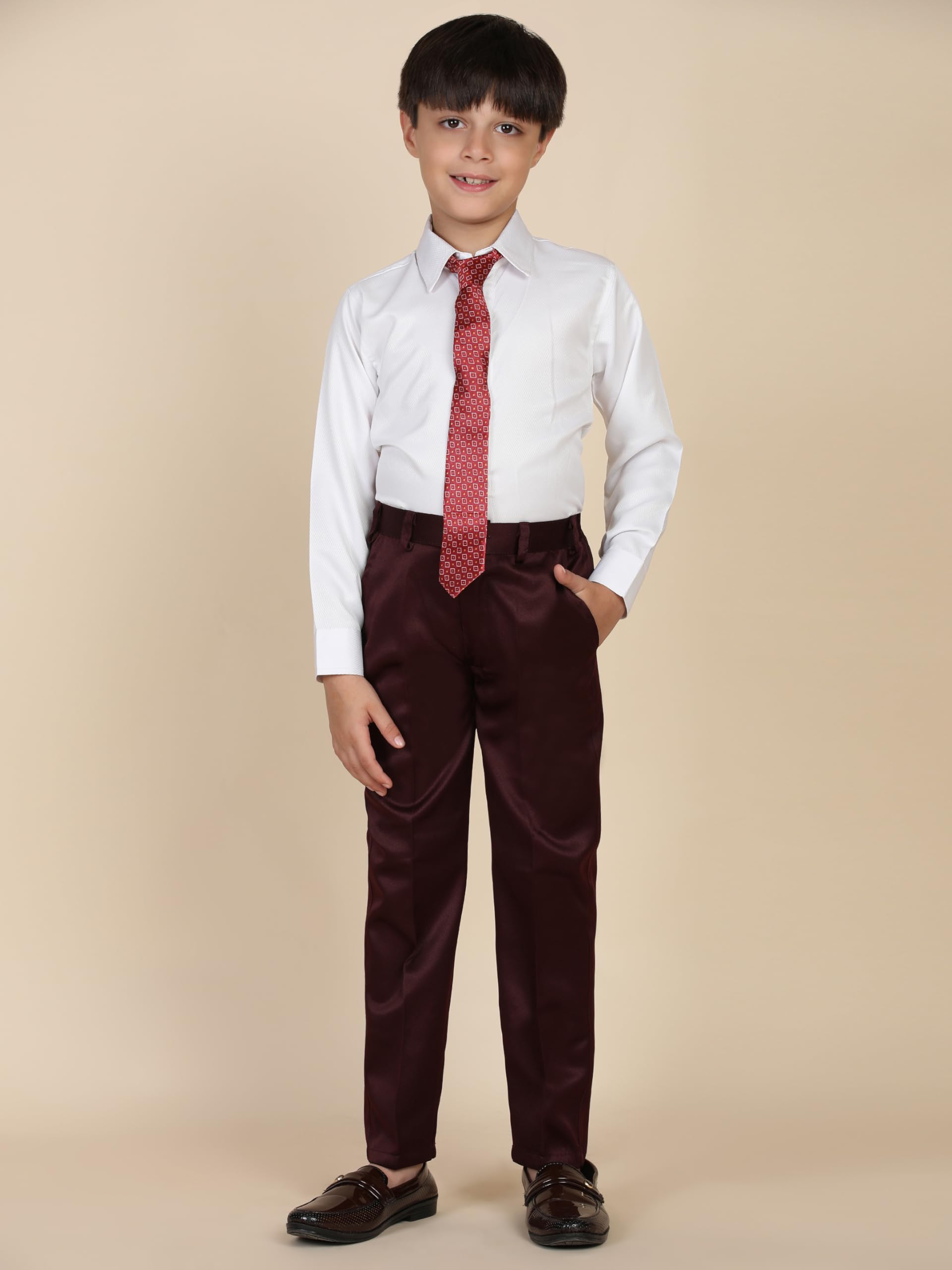 Pro-Ethic Style Developer Cotton 5 Piece Boys Suit Set for Kids Wedding Outfit | Set of Shirt, Regular Fit Pants, Coat, Waistcoat and Tie for Kids, Maroon, 13-14 Years - Image 7 thumbnail