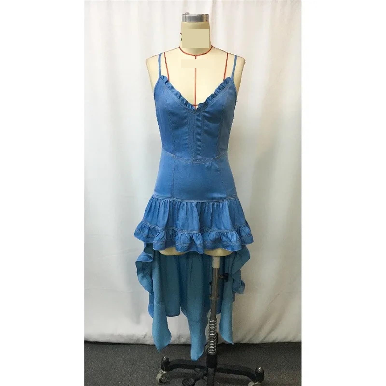 Abito Alto e Basso con Corsetto in Denim da Donna Gonna arricciata, Cinturino for Spaghetti, Festa in Stile Occidentale for Eventi all'aperto per Donna