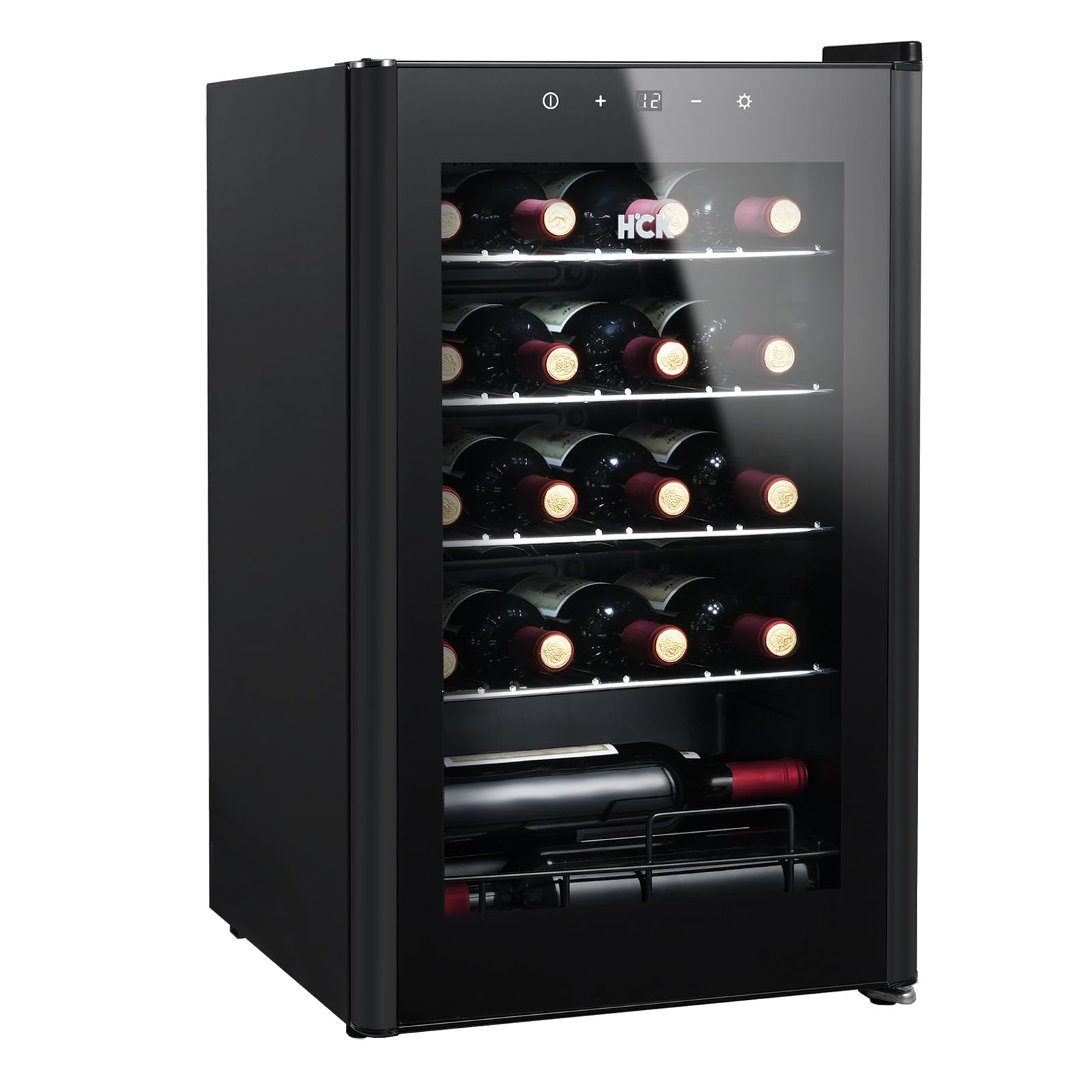 HCK Vinoteca 24 Botellas, Nevera para Vinos de Bajo Consumo 70L, Botellero Nevera con Puerta de Cristal de 3 Capas, Temperatura Regulable 4-22°C, Wine Fridge de Control Táctil, Negro