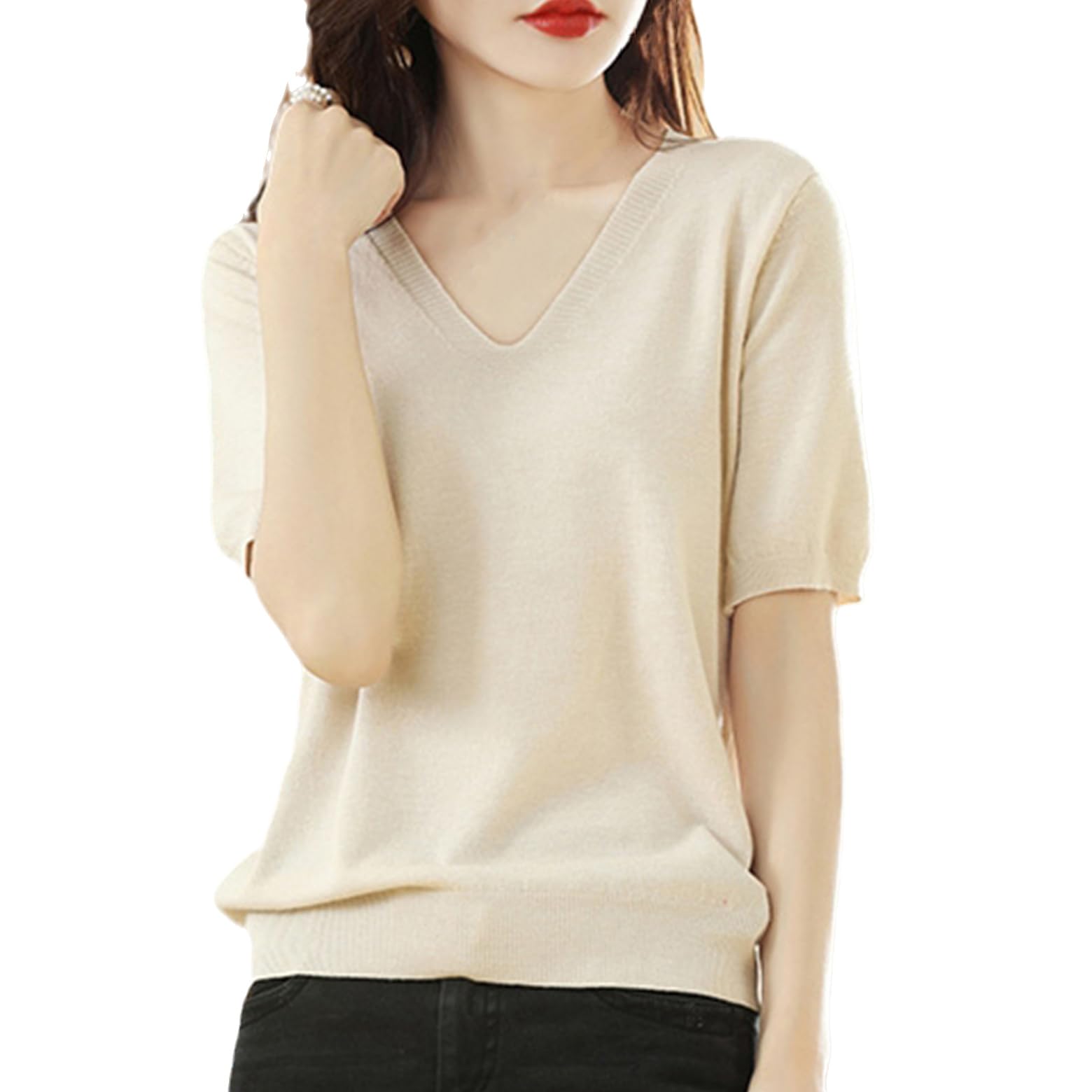 Jersey De Punto De Manga Corta para Mujer, Top Básico Suelto Y Fino