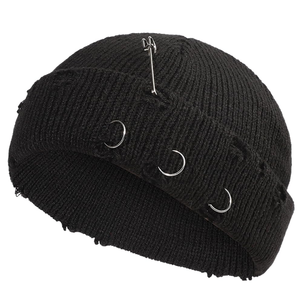 Distressed Ring Beanie Hat Unisex Fashion Hip-hop Slouchy Knitted Skull Caps
