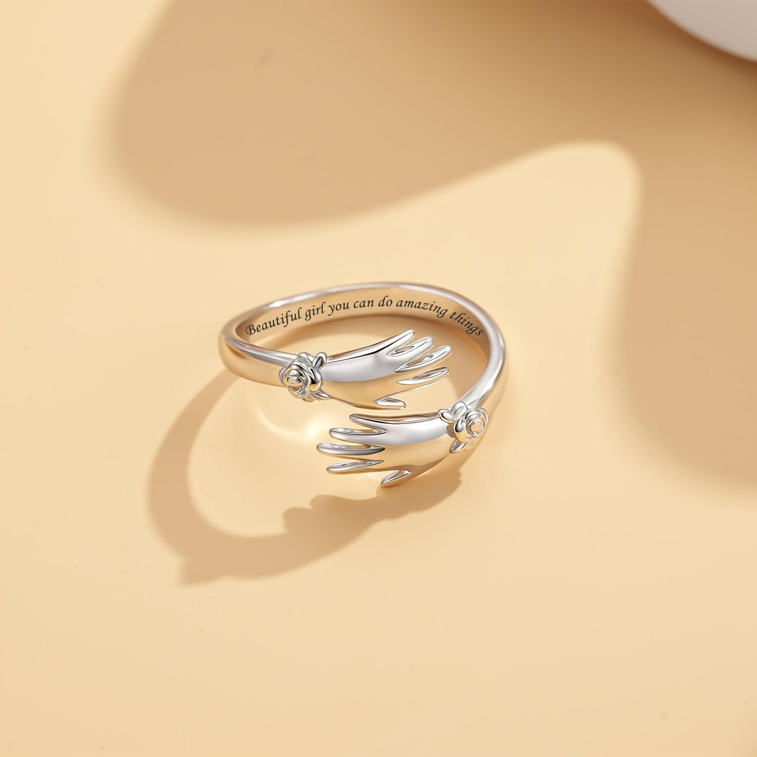 925 Sterling Silver Hug Rings for Women Adjustable Hugging Hands Ring Open Jewelry Promise Rings Valentines Birthday Mothers Day Gifts for Mom Wife Daughters Granddaughter Friends
