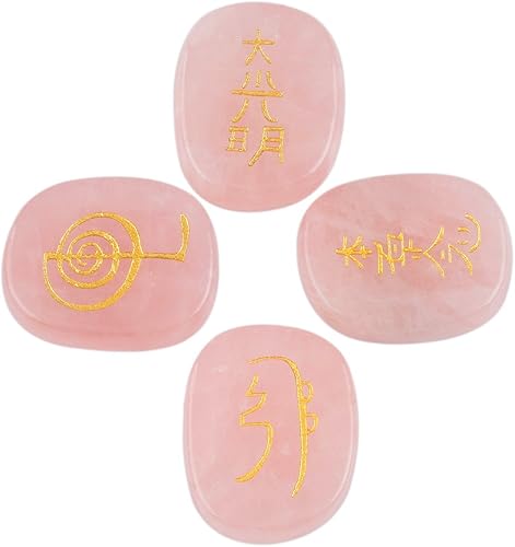 Rockcloud Cristal curativo de cuarzo rosa, 4 piezas, piedras de chakra grabadas, palmera, equilibrio de reiki
