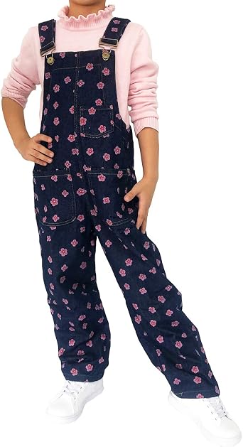 Peacolate 5-13TGirls Overalls in Black Denim with Flower Pattern Jeans