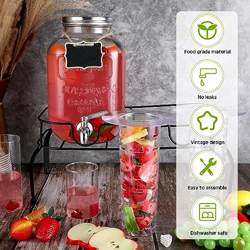Image of Lallisa 2 Pcs 2 Gallon Glass Drink Dispenser with Stand Ice Cylinder Hanging Chalkboard Signs 18 /8 Stainless Steel Spigot Beverage Dispensers for Parties Mason Jar Drink Lemonade (Silver Spigot)