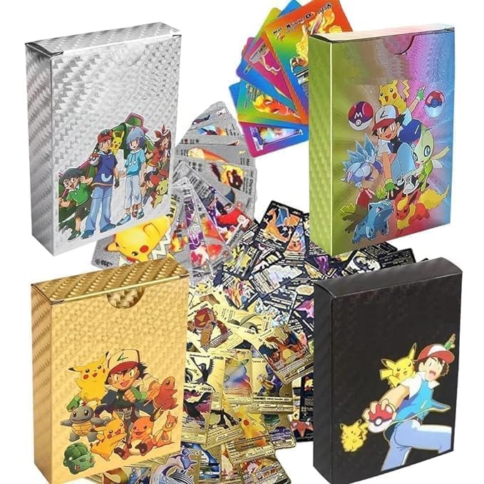 Anubhav Janni Enterprise Poke mon Cards for Kids, Real V Max GX Special Addition High HP Trading Cards, 25 Pcs Golden + 25 Pcs Rainbow +25 Pcs Black +25 Pcs Silver = (100 PCS Poke MON Cards)