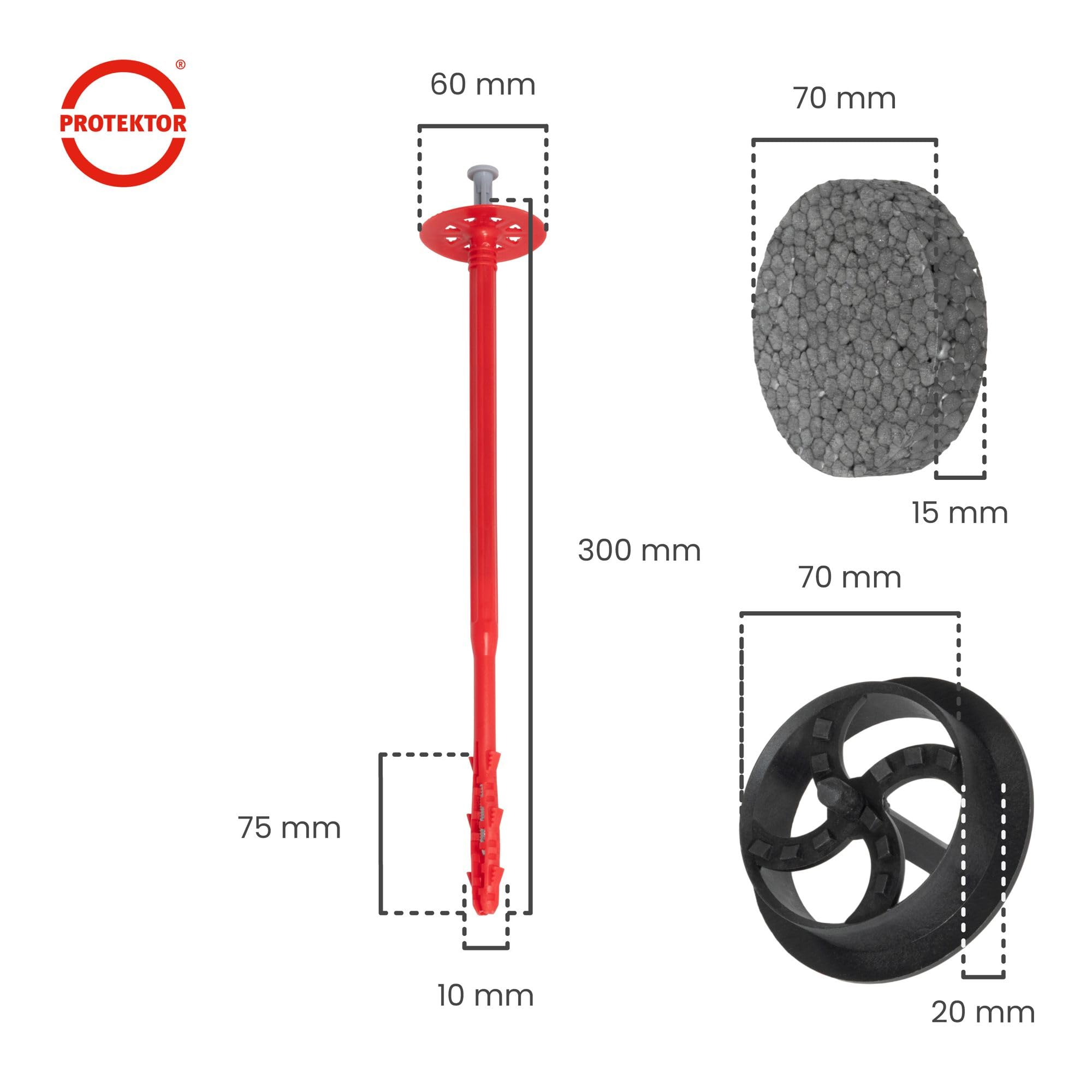 PROTEKTOR 100x Zestaw kołków do ociepleń Ø10x300mm z podkładką, frezem i gwoździem stalowym do WDVS, kołki fasadowe talerzowe z certyfikatem ETA