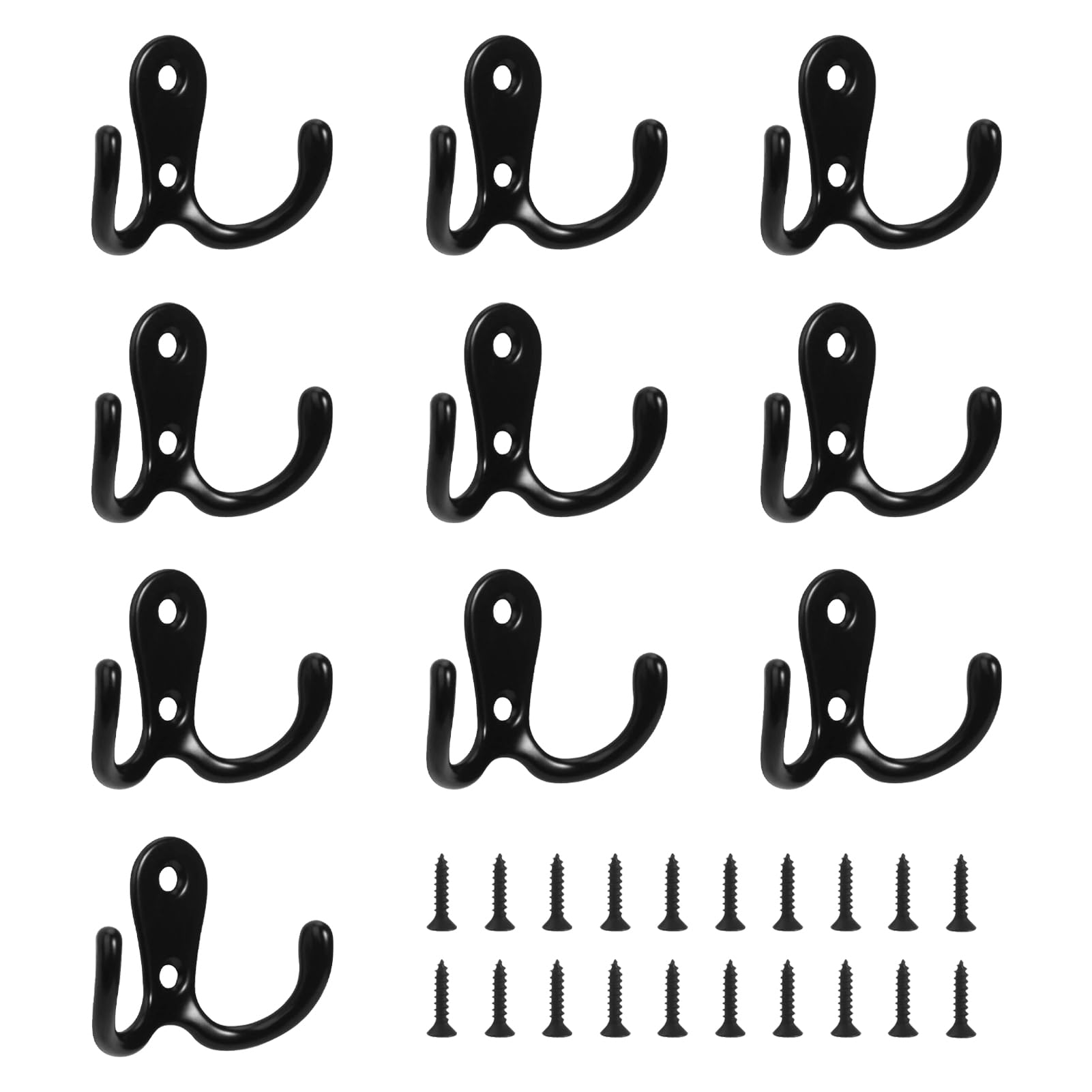 10 Pack Double Prong Robe Hooks, Dual Coat Hooks, Heavy Duty Wall Mounted Hook with Screws, Metal Clothes Hook for Coat, Hat, Scarf, Bag, Towel, for Home Living Room Bedroom Bathroom Kitchen (Black)