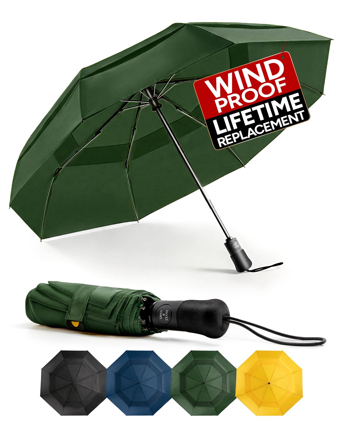 Chakipee Men's Green-106Cm Compact Travel Umbrella Windproof Strong- Automatic Folding Umbrellas For Wind And Rain, Double Vented Canopy 210T Fabric 106Cm Span - 8 Ribs Portable Umbrella For And Wo Green