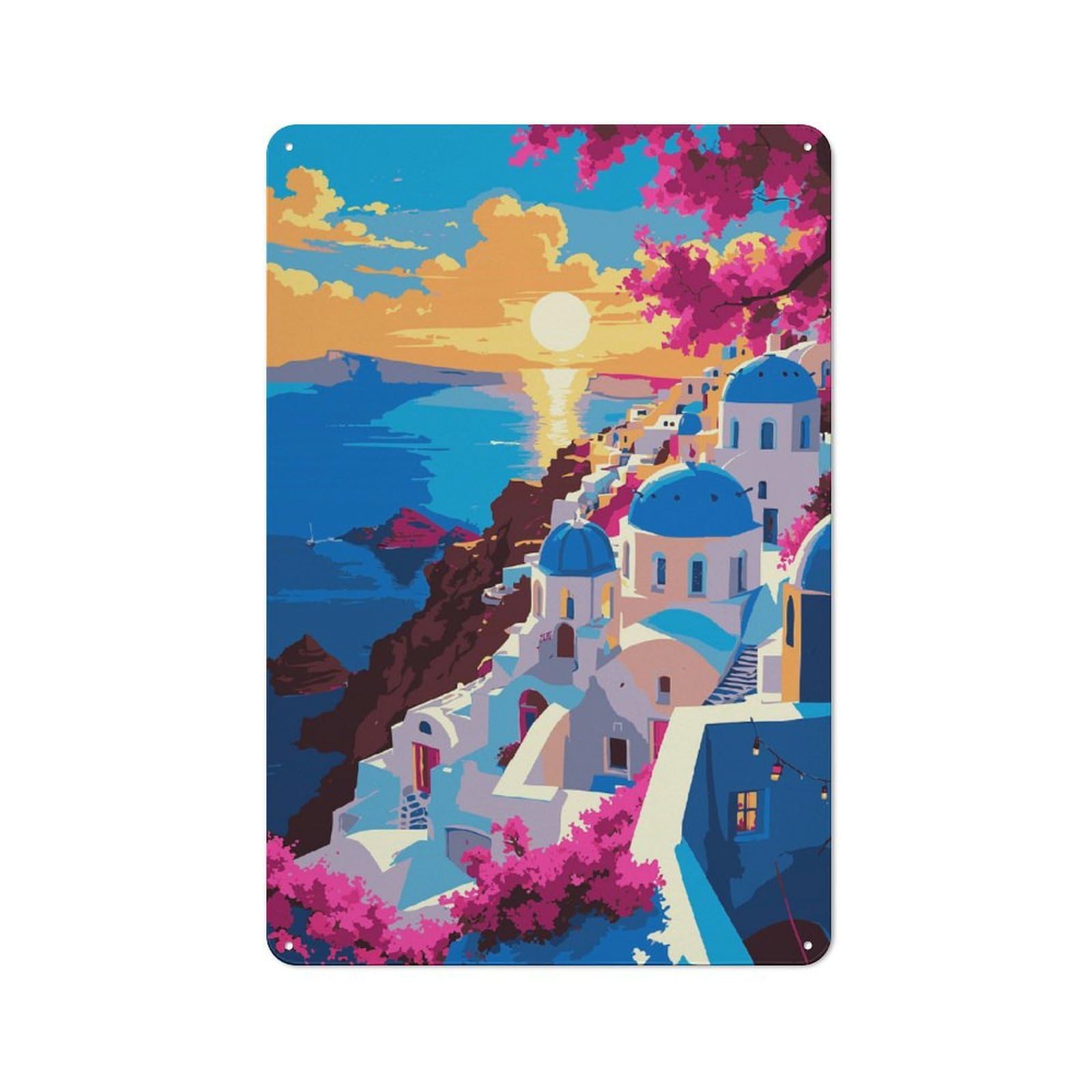 Junmoney Style-11 Santorini Sunset Digital Art Garden Room Metal Sign 30X20cm, Vintage Shed Wall Decor For Conservatory, Home Bar Or Utility Room
