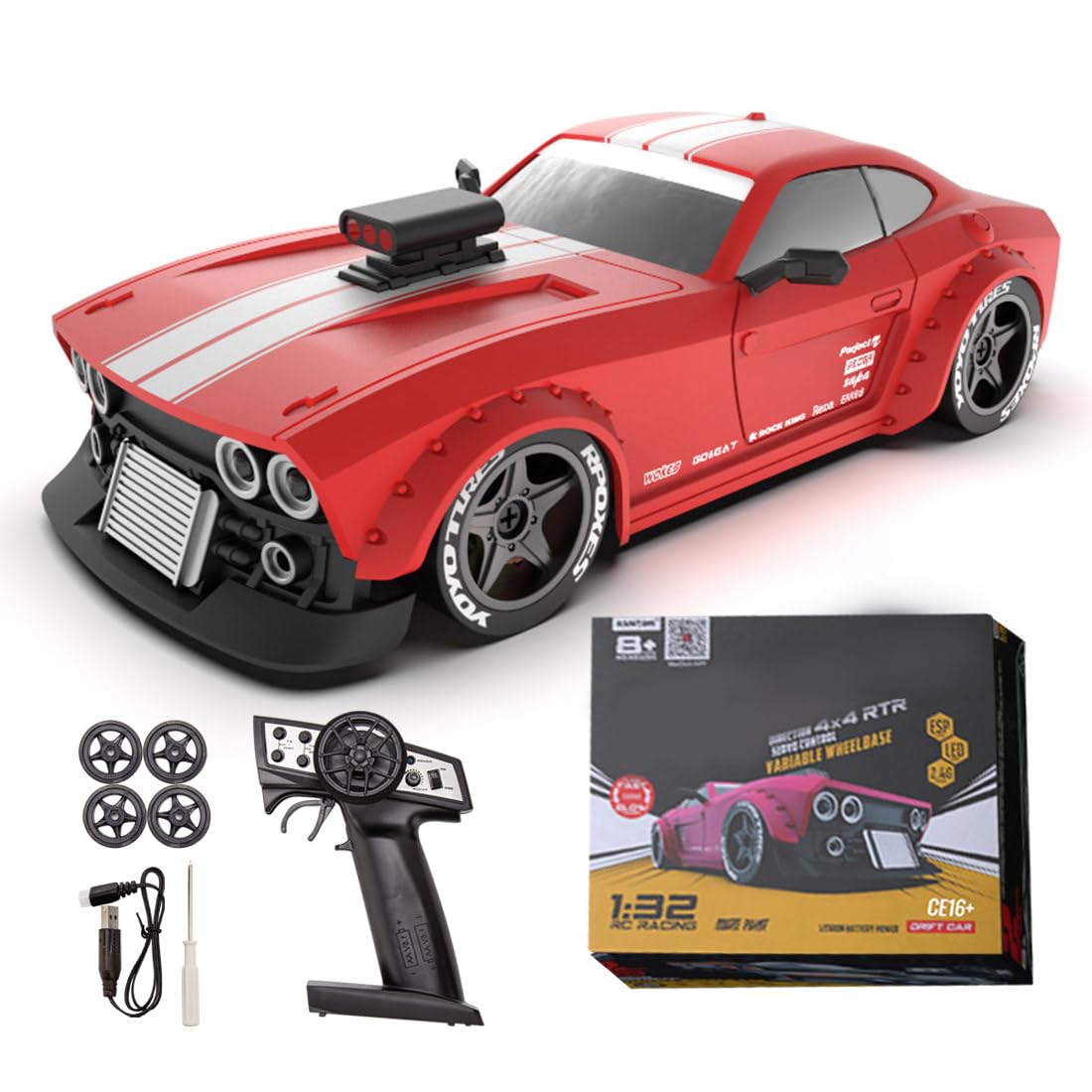 Aetheria4WD RC Drift Car, ESP Gyro, LED Headlights, 1:32 High Speed Racing RC Vehicle Gifts for Adults Christmas KM3299 - Red