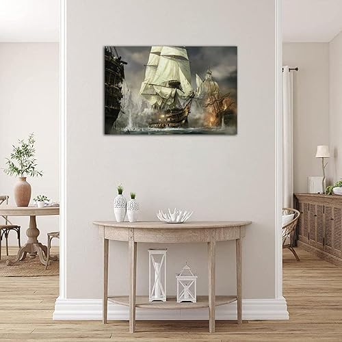 Vista 53 de RAOMAAE Cuadro de arte de pared de batalla naval, barco pirata, velero, póster impreso, lienzo moderno, hogar, sala de estar, oficina, decoración