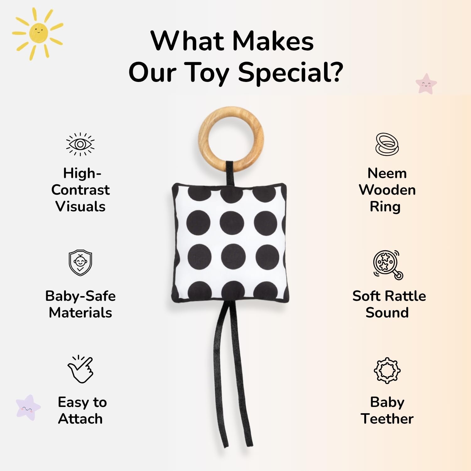 Tidy Sleep Baby Sensory Toys Pack of 3 | Black and White Newborn Visual Stimulation Toy with Neem Wooden Rings | Soft Shapes for Infant Brain Development | Montessori Crinkle Toys 0-12 Months - Image 4 thumbnail