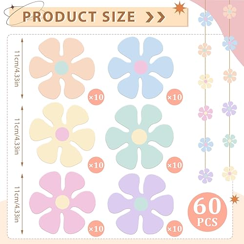 Miniatura 9 de Henoyso 60 piezas de decoraciones de fiesta de estilo retro con margaritas de los años 60, 70, 80, recortes de papel hippie para fiestas de Groovy