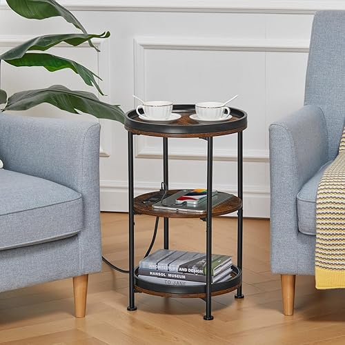 Miniatura 4 de Dulcii Mesa auxiliar redonda con estación de carga, mesa auxiliar con 3 estantes para sala de estar, mesita de noche de dormitorio para espacios