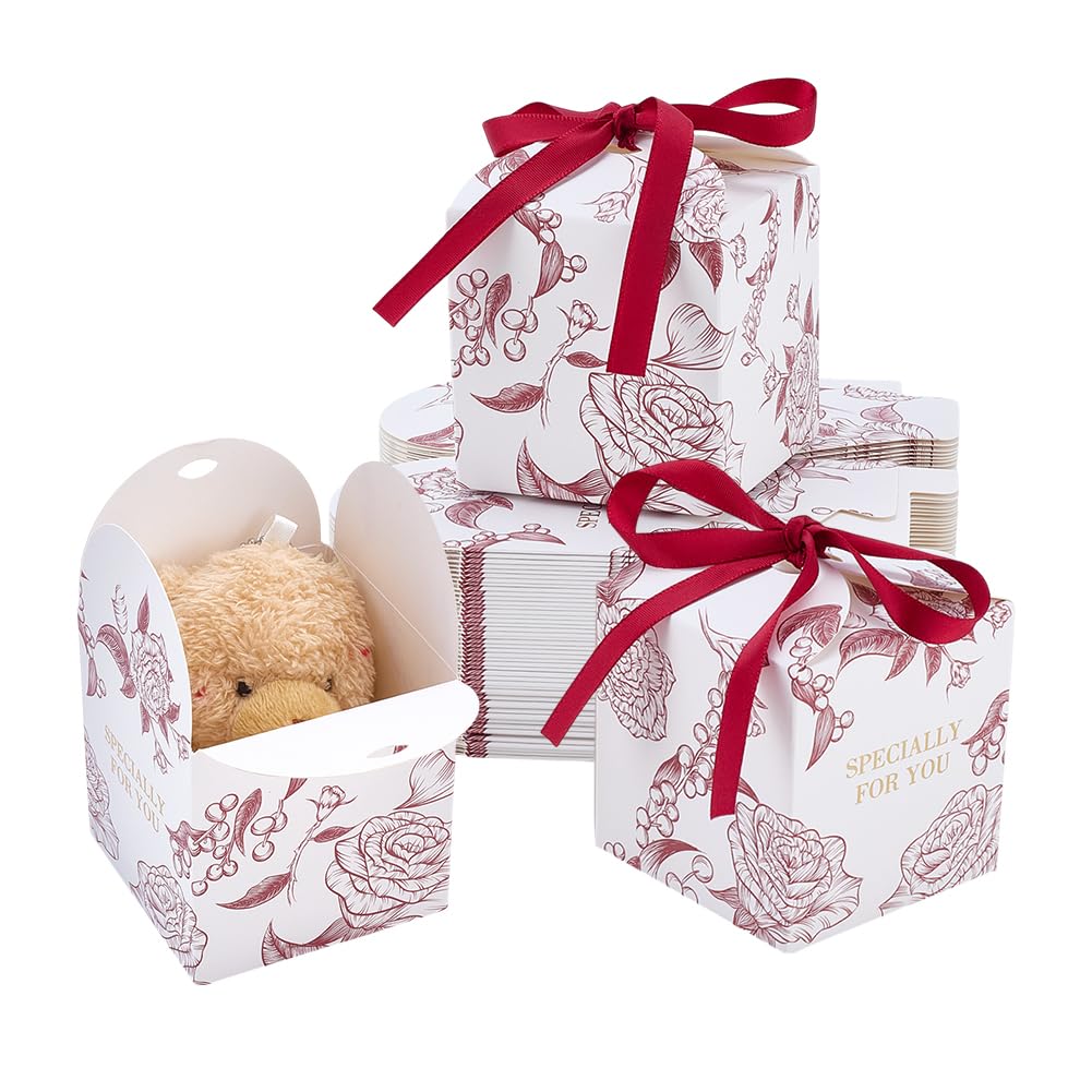 PH PandaHall 50pcs Rose Party Gift Boxes 7.1x7.1x7.15cm Rose Flower Favor Boxes Small Gift Packaging Box Paper Candy Box with Ribbon for Christmas Wedding Birthday Party Favors Valentine's Day