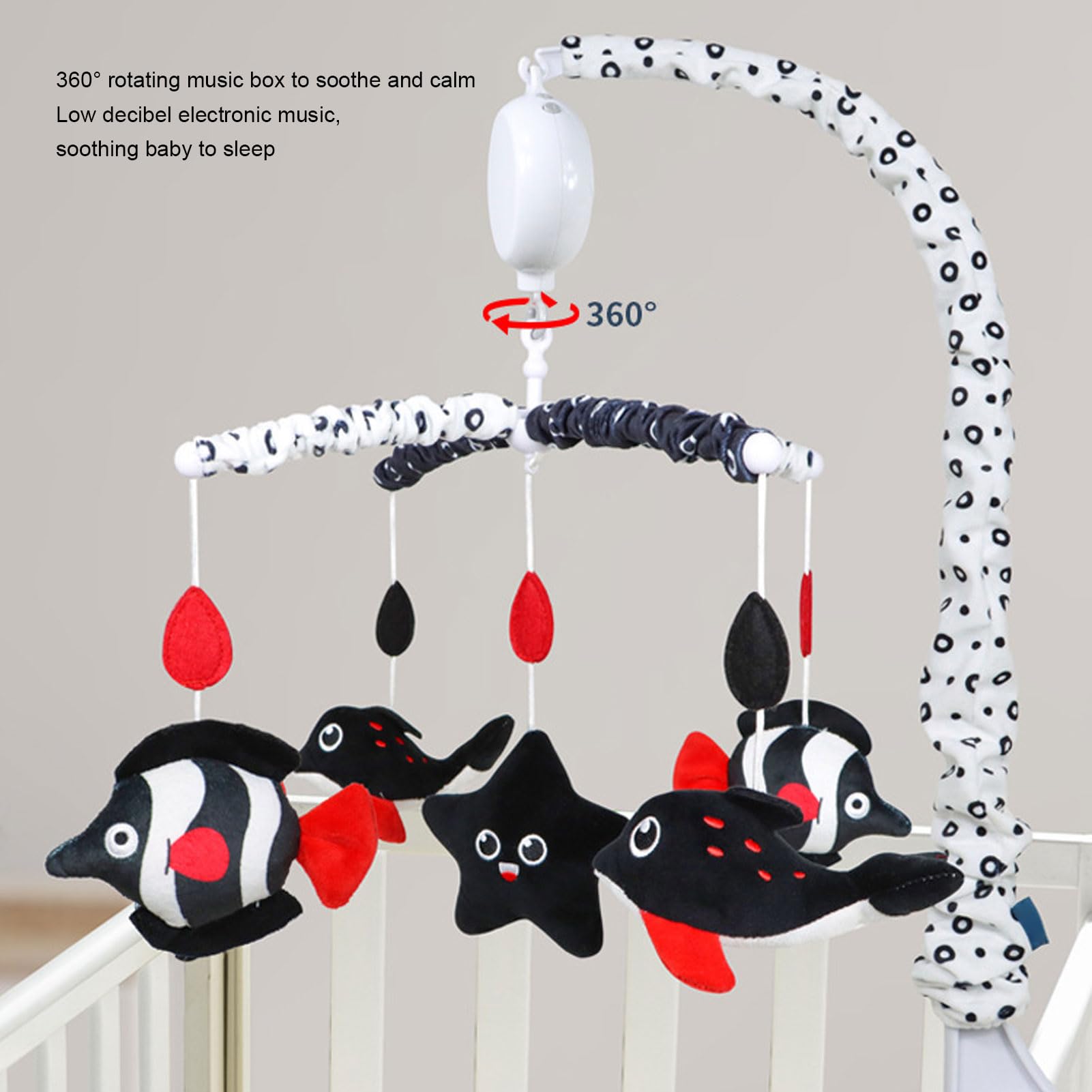 Cuna de bebé Móvil juguete musical Cuna móvil alto contraste negro rojo rojo suave peluche prevenir el estrabismo para la habitación de la guardería infantil (Océano)