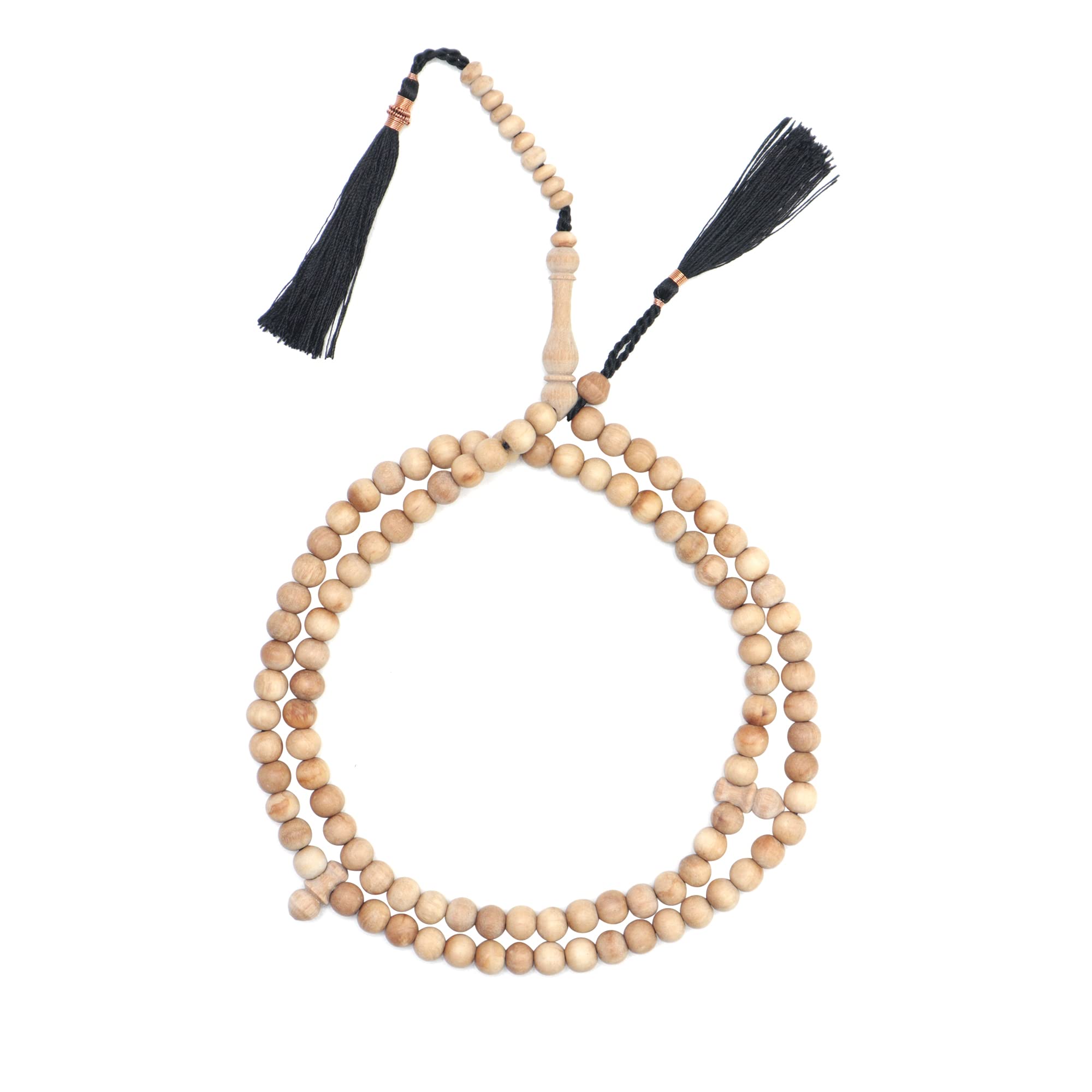 TheTasbih Sandalwood 8mm 100-bead Natural Scent Round Wooden Muslim Tasbih Prayer Beads Sibha for Namaz Dhikr Misbaha Zikir with Black Copper Decorated Tassels, 31-inch (80 cm) Circumference