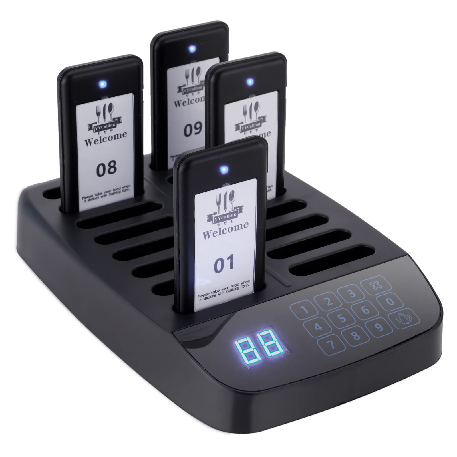 Sistema di cercapersone per ristorante, sistema di chiamata wireless con 16 cercapersone per gli ospiti, cicalini distanziamento sociale, 98 canali con vibrazione, lampeggiante e cicalino