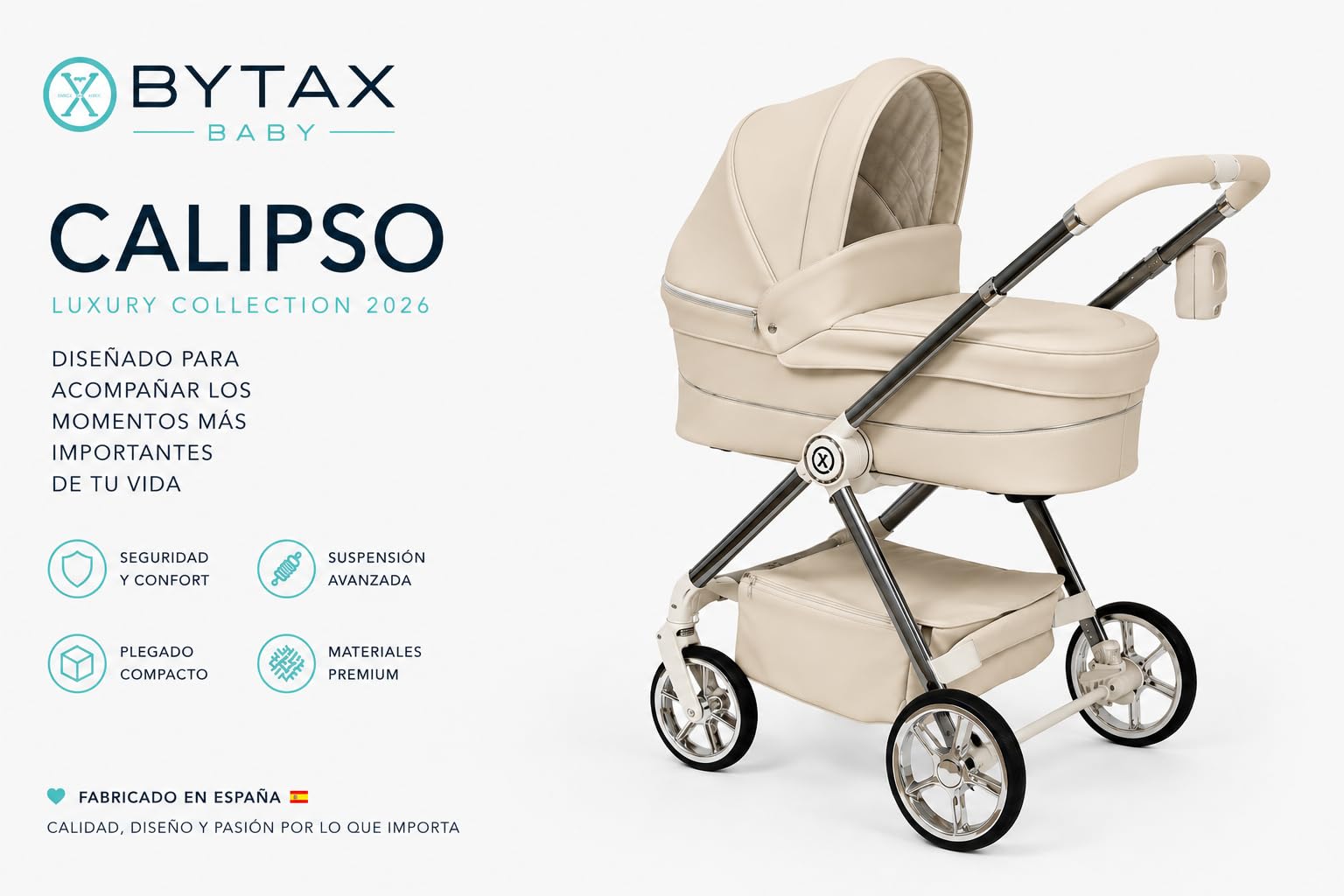Calipso Carrito de Bebé 3 en 1 con Capazo, Silla de Paseo y Grupo 0+, Chasis de Aluminio, Plegado Compacto, Fabricado en España (Beige)