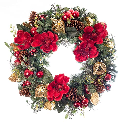 [30 Inch Artificial Christmas Wreath] - Red Magnolia Collection - Red and Gold Decoration - Pre Lit with 50 Warm Clear Colored LED Mini Lights - includes Remote Controlled Battery Powered Timer