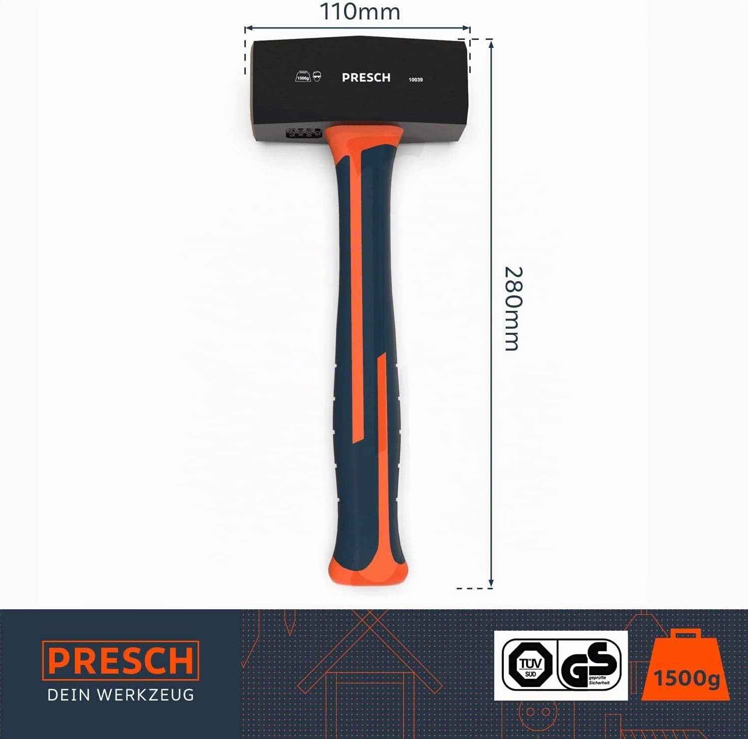 Presch Massette avec manche en fibre de verre 1500 g - Marteau avec tête en acier 1,5kg - Grand Maillet professionnel - Hammer Tool