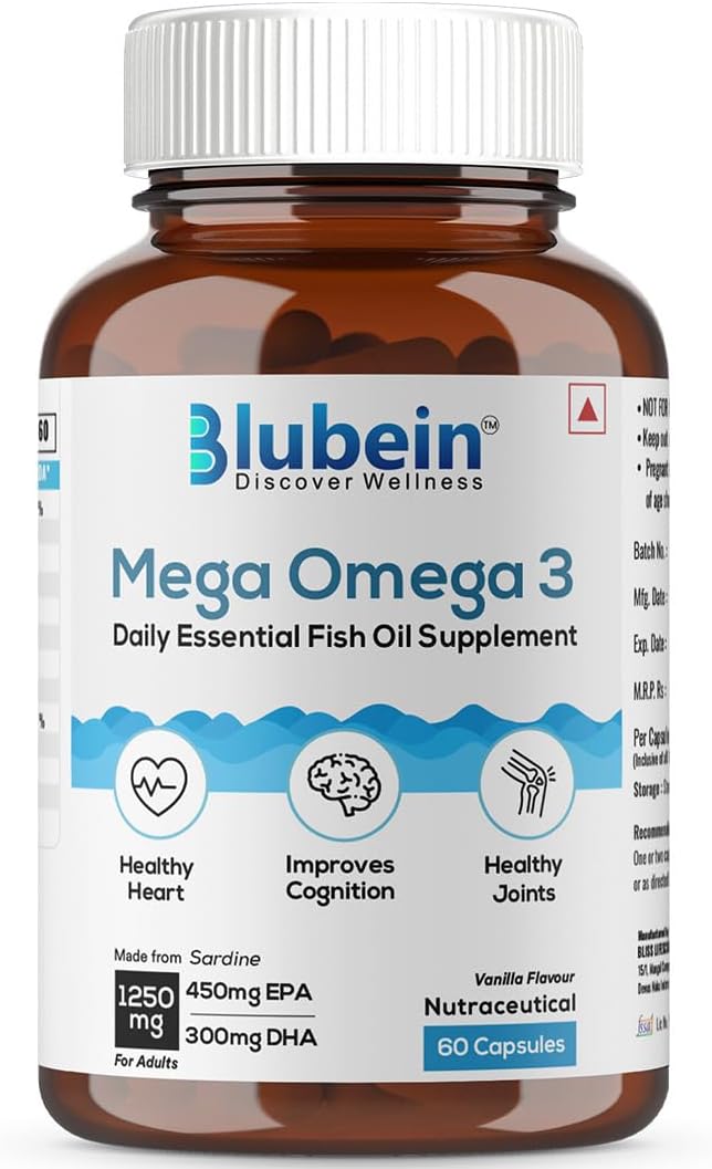 Blubein Mega Omega 3 Fish Oil Capsules for Men & Women, Triple Strength with 1250 mg (450 mg EPA & 300 mg DHA) for Muscle Recovery, Healthy Heart, Joints & Brain - 60 Capsules, 160 grams
