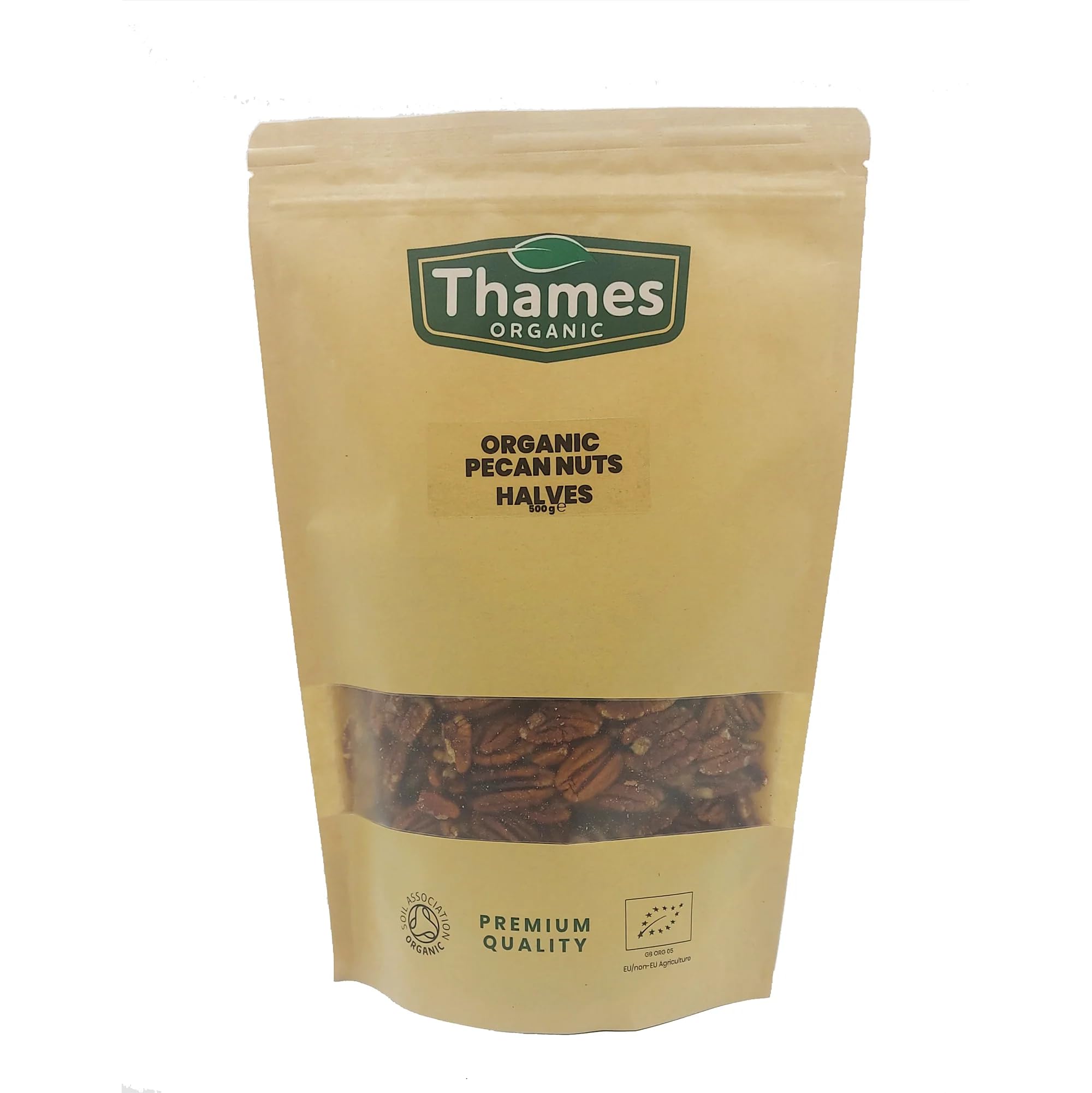 Organic Pecan Nuts - Halves, Shelled Pecans - No Additives or Preservatives - Vegan, GMO-Free, Certified Organic - Delicious and Nutritious Snack - Perfect for Baking and Cooking - Thames Organic 500gEU OrganicSoil AssociationSoil AssociationSoil Association