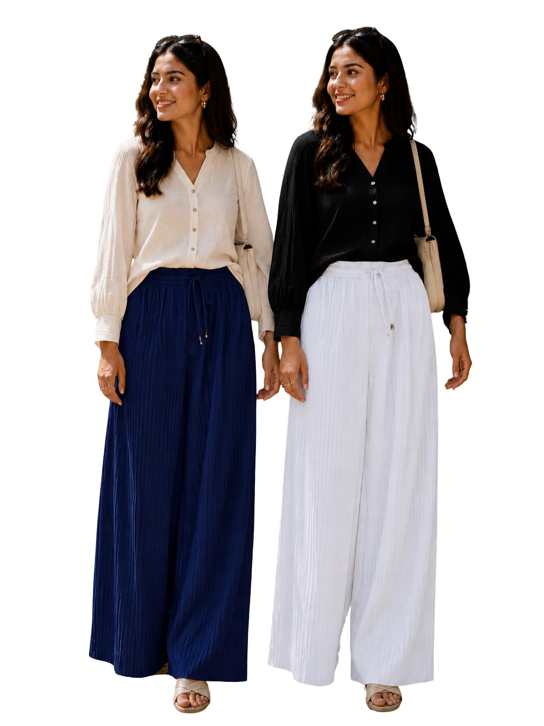 rinkweve Women Pleated Palazzo Pants for Women | Wide Leg Loose Fit Trousers | Elastic Waist Casual Lounge Palazzo-picture-38