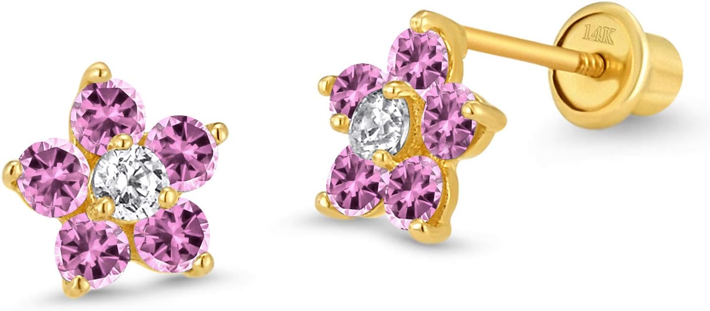 14k Yellow Gold Flower Cubic Zirconia Children Screwback Baby Girls Earrings