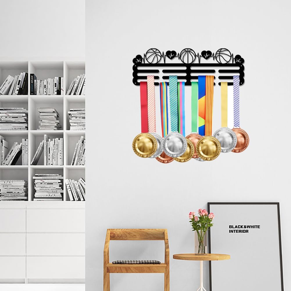 SUPERDANT Basketball Medal Hanger with Heartbeat Awards Ribbon Holder Medal Hook Display Wall Rack Frame Display Rack Can Withstand 10-15 kg Athlete Gift